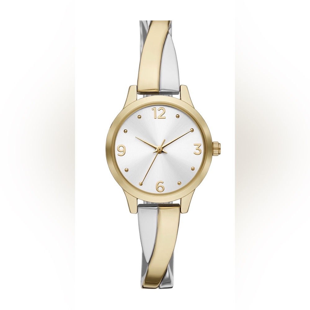 Time & Tru Women’s Wristwatch Gold Round Case, Silver Sunray Dial, Two Tone